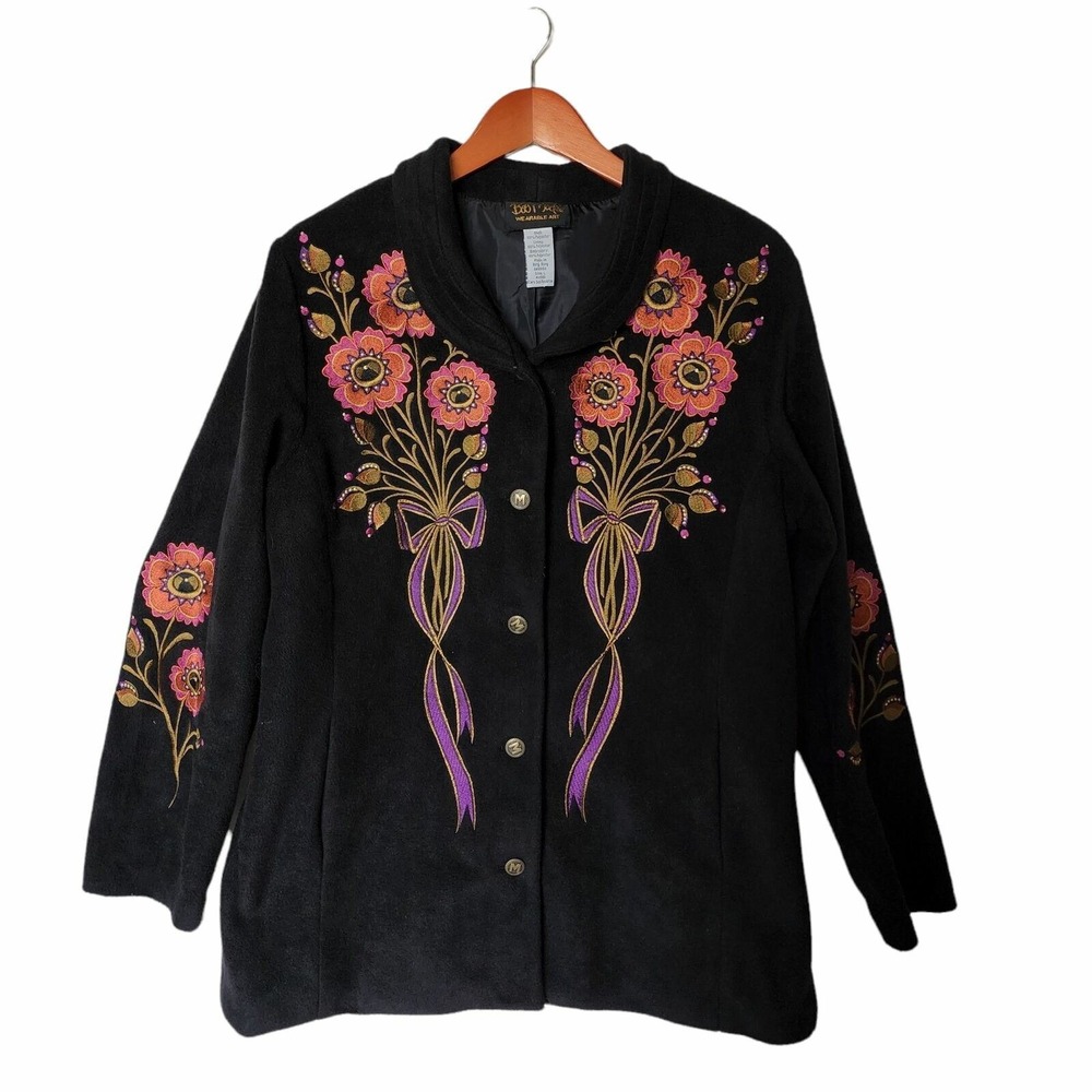 Bob Mackie Wearable Art Jacket Embroidery Floral Black Fleece size L Large